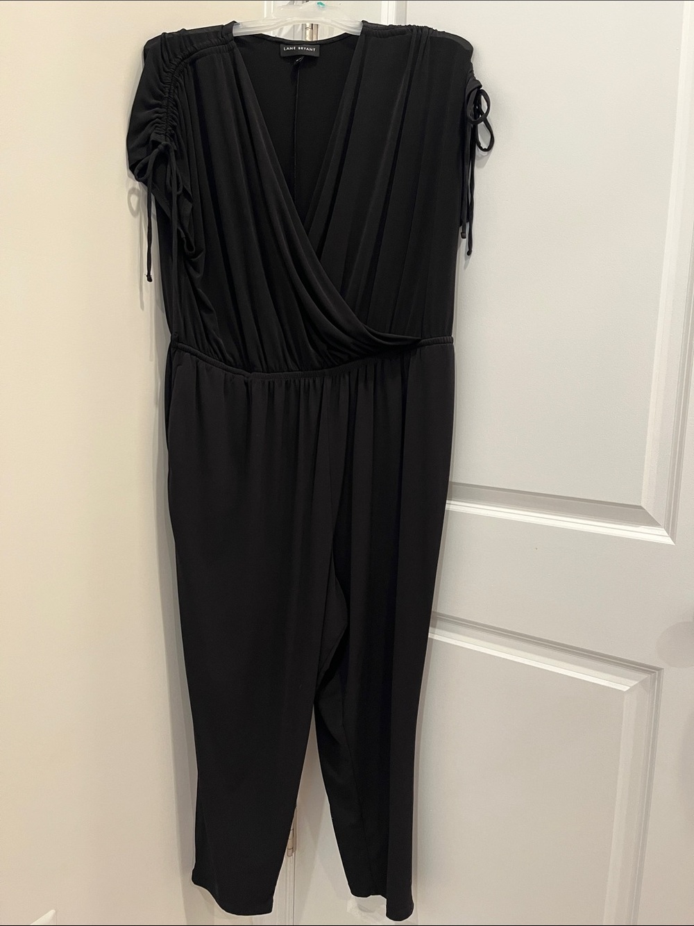 Lane Bryant Black Faux-Wrap Jumpsuit with Ruched Sleeves